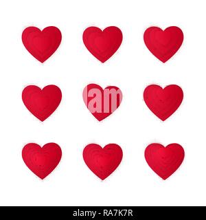 Paper Art cartoon Rotes Herz Form gesetzt. Valentinstag rotes Papier herzen Sammlung. Moderne origami Design vorlage. Vector Illustration Stock Vektor