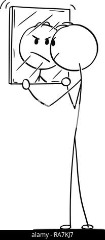 Cartoon von wütenden Mann betrachten Sie sich im Spiegel Stock Vektor