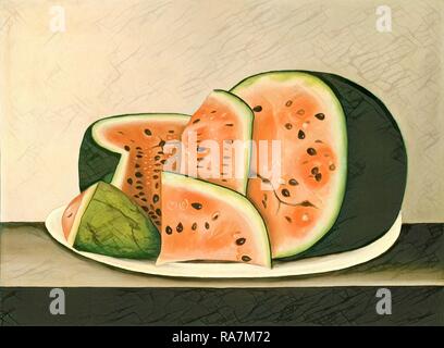 Amerikanische Jahrhundert, Wassermelone auf Platte, Mitte des 19. Jahrhunderts, Öl auf Leinwand. Neuerfundene durch Gibon. Klassische Kunst mit Neuerfundene Stockfoto