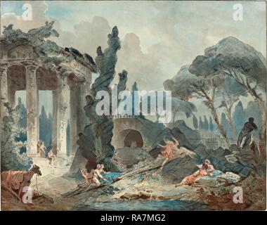 Stil von Hubert Robert, die Wippe, Feder und schwarzer Tusche und Aquarell auf Bütten. Neuerfundene durch Gibon. Klassische Kunst neuerfundene Stockfoto