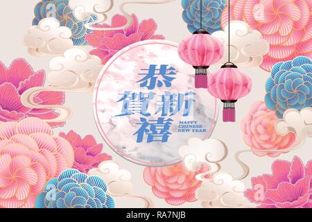 Mondjahr Design mit Pfingstrose Blumen und Laternen, Frohes neues Jahr in chinesischen Schriftzeichen auf Marmor Stein Textur geschrieben Stock Vektor