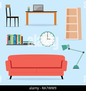 Satz von Möbel Interieur, verschiedene Möbel und Zubehör flache Design Vector Illustration. Stock Vektor