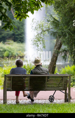 Senioren, Mann, Frau, mit rollator, sitzen in einem Park auf einer Bank, Stockfoto
