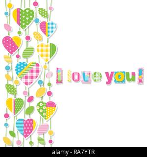 Bunte Herzen, Blätter und Punkte auf den Ästen Grenze Süß, mit Ich liebe dich Typografie auf weißem Hintergrund Stock Vektor