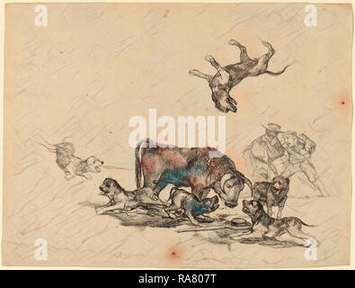Francisco de Goya, Stier durch Hunde, Spanisch, 1746 - 1828 angegriffen, C. 1825, Lithographie. Neuerfundene durch Gibon. Klassische Kunst neuerfundene Stockfoto