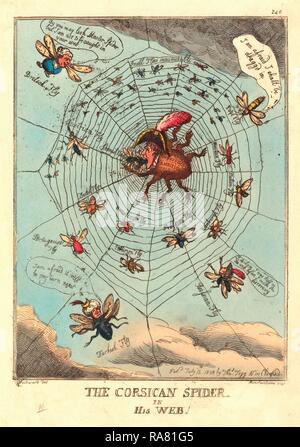 Thomas Rowlandson (British, 1756 1827), der korsischen Spinne in seinem Netz, veröffentlicht 1808, handkolorierte Radierung neuerfundene Stockfoto