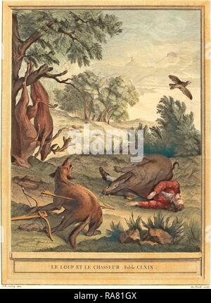 A.J. de Fehrt nach Jean Baptiste Oudry (Französisch, geboren 1723), Le Loup et le Chasseur (Der Wolf und die Jäger neuerfundene Stockfoto