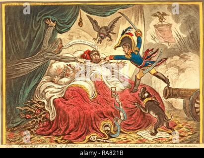 Komfort in einem Bett aus Rosen, Gillray, James, 1756-1815, Stecher, [London]: H. Humphrey, 1806, Charles Fox, im Bett neuerfundene Stockfoto