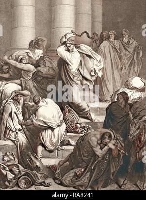 Die Käufer und Verkäufer Gefahren aus dem Tempel, die von Gustave Dore, 1832-1883, Französisch. Gravur für die Bibel. 1870 Neuerfundene Stockfoto