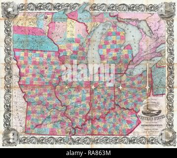 1854, Colton Pocket Karte von Ohio, Michigan, Wisconsin, Iowa, Illinois, Missouri, Indiana und Kentucky. Neuerfundene Stockfoto