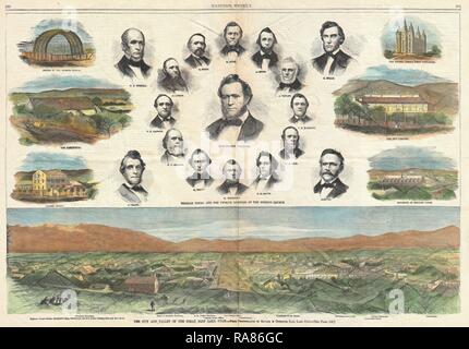 1866, Harper's Weekly Ansicht von Salt Lake City, Utah, w-Brigham Young, Mormonen. Neuerfundene durch Gibon. Klassische Kunst mit Neuerfundene Stockfoto