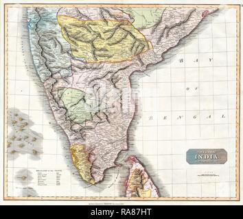 1814, Thomson Karte von Indien, John Thomson, 1777 - 1840, war ein schottischer Kartograph aus Edinburgh, UK. Neuerfundene Stockfoto