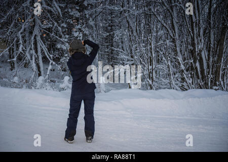 Fotografin Erfassung Winter schneit bei Finnsnes, Norwegen. Stockfoto