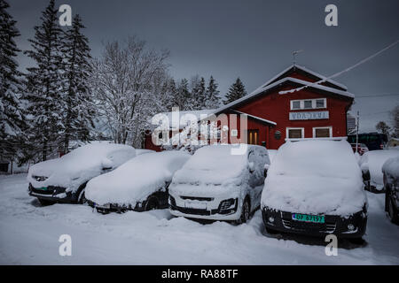 Starker Schneefall bei Finnsnes, Norwegen. Stockfoto