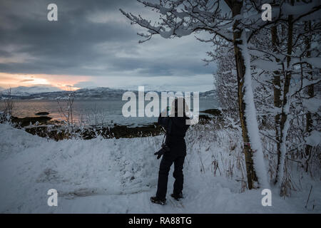 Fotografin Erfassung Winter schneit bei Finnsnes, Norwegen. Stockfoto