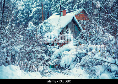 Alte Hütte im Wald. Ländliche Landschaft. Wald mit Schnee bedeckt. Schneereiche Winter. Weihnachten Hintergrund. Pinien im Schnee Stockfoto