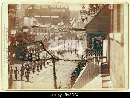 Menschen in Deadwood feiert Abschluss einer Ausdehnung der Eisenbahn. Neuerfundene durch Gibon. Klassische Kunst mit einem modernen Neuerfundene Stockfoto