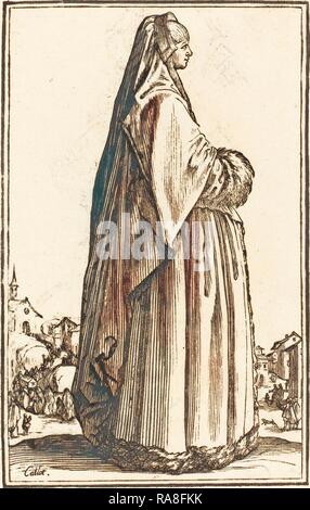 Nach Jacques Callot, edlen Frau mit Kopftuch und ein Kleid in Pelz, Holzschnitt. Neuerfundene durch Gibon. Klassische neuerfundene Stockfoto