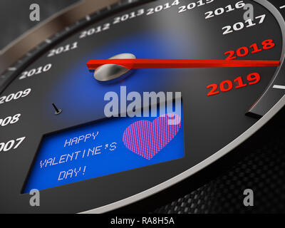 Tachometer mit einer Inschrift auf dem Bildschirm - Happy Valentine's Day. 3D-Rendering Stockfoto