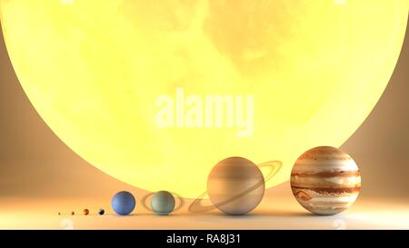 Planeten system Durchmesser Größen. Verhältnis von Größenordnungen. Elemente dieses Bild sind von der NASA eingerichtet. 3D-Rendering. Platz und Universum Stockfoto