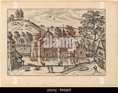 Carel Collaert (Flämisch, Aktive c. 1650), Schloss mit einem Wassergraben, in oder vor 1676 veröffentlicht, das Ätzen mit Neuerfundene retuschiert Stockfoto