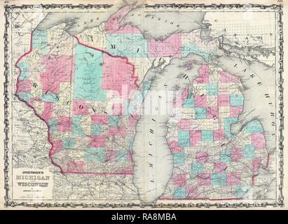 1862, Johnson, Karte von Michigan und Wisconsin. Neuerfundene durch Gibon. Klassische Kunst mit einem modernen Touch neuerfundene Stockfoto