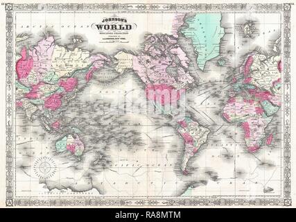 1865, Johnson Karte der Welt auf der Mercator-projektion. Neuerfundene durch Gibon. Klassische Kunst mit einem modernen Touch neuerfundene Stockfoto