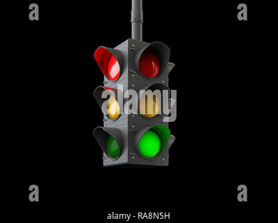 3D-Darstellung der Ampel isoliert auf Schwarz. Stockfoto