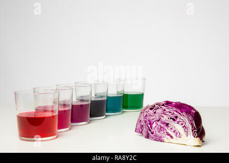 Farbverlauf von rotkohl Saft (pH-Indikator) in durchsichtig Gläser auf weißem Hintergrund Stockfoto