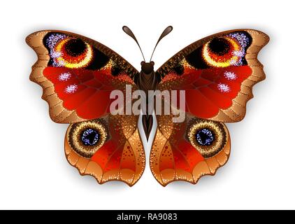 Rot, realistisch, kunstvoll bemalten, Schmetterling peacock Auge auf weißem Hintergrund. Stock Vektor