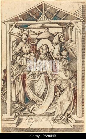 Meister E.S. (Deutsch, Active C. 1450-1467), die Anbetung der Könige, C. 1460-1465, Gravur. Neuerfundene Stockfoto