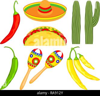 8 bunte Cartoon mexikanischen Elementen. Stock Vektor