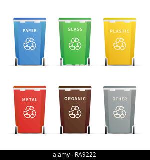 Satz von verschiedenen bunten Abfalleimer für verschiedene Arten von Abfällen isoliert auf weißem Stock Vektor