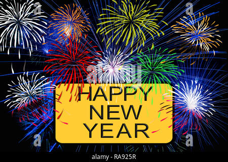 Frohes neues Jahr Text auf gelbem Schild mit Feuerwerk in den Nachthimmel. Stockfoto