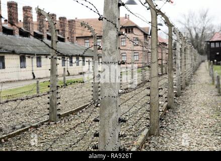 OSWIECIM, Polen - 07 Dezember, 2018: Auschwitz I Holocaust Memorial Museum. Auschwitz I ist das Lager der nationalsozialistischen Konzentrations- und Vernichtungslager Stockfoto