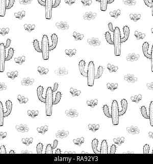 Cactus nahtlose Muster, Umriss lineare Hand zeichnen, silhouette Skizze, schwarze und weiße Vector Illustration. Malte peyote mit Spikes auf Weiß zurück Stock Vektor