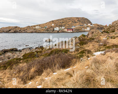 Panorama von Fischerdorf Nyksund auf Insel Langoya, Vesteralen, Nordland, Norwegen Stockfoto