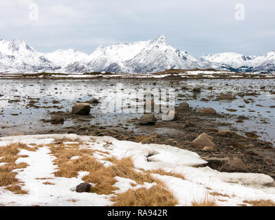 Winterlandschaft bei Ebbe von Strengelvagfjorden südlich von Klo auf Langoya, Vesteralen, Nordland, Norwegen Stockfoto