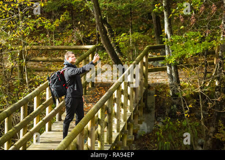 Reisende nehmen selfie mit Smartphone auf hölzernen Brücke im Wald Stockfoto