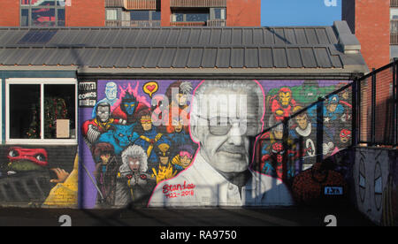 Dieses prächtige Wandbild wurde von der Glasgow Künstler gemalt, EJEK an der Wand der Scheune Community Center in den Gorbals, Glasgow. Es ist sein Tribut an den großen Comics und Superhelden, Creator, Stan Lee, der im November 2018 starb. Er bekam sofort auf diese Hommage an seinen Helden zu arbeiten und es wurde im Dezember 2018 vorgestellt. Alan Wylie/ALAMY © Stockfoto