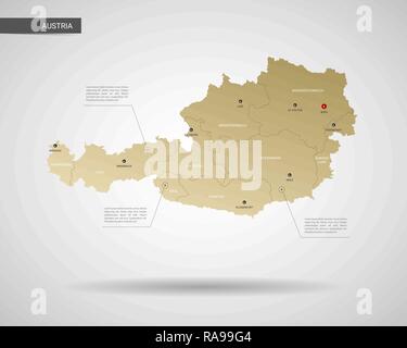 Stylized vector Österreich Karte. Infografik 3d Gold Karte Abbildung mit Städten, Ländergrenzen, Kapital, administrative divisions und Zeiger markiert, Schatten; Stock Vektor