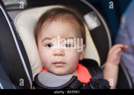 Baby Mädchen mit Autositz Suchen von Auto Fenster geschützt Stockfoto