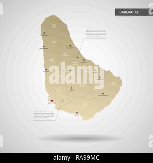 Stylized vector Barbados Karte. Infografik 3d Gold Karte Abbildung mit Städten, Ländergrenzen, Kapital, administrative divisions und Zeiger markiert, Schatten; Stock Vektor