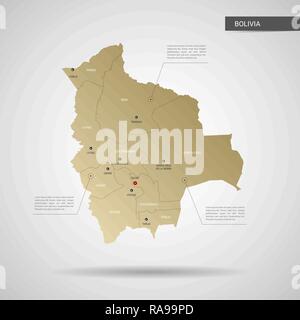 Stylized vector Bolivien Karte. Infografik 3d Gold Karte Abbildung mit Städten, Ländergrenzen, Kapital, administrative divisions und Zeiger markiert, Schatten; Stock Vektor