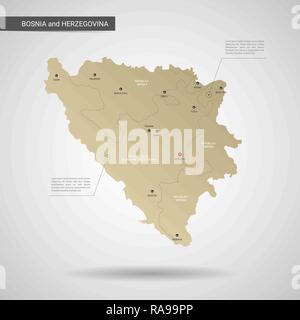 Stylized vector Bosnien und Herzegowina Karte. Infografik 3d Gold Karte Abbildung mit Städten, Ländergrenzen, Kapital, administrative divisions und Zeiger Stock Vektor