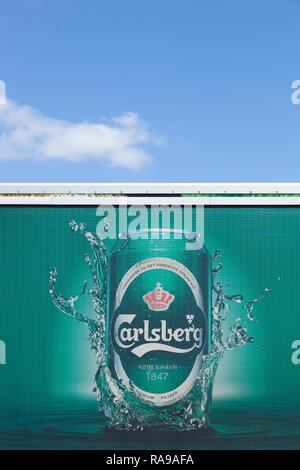 Aarhus, Dänemark - 12 August, 2015: Carlsberg Logo auf einem Lastwagen. Der Carlsberg Group ist ein dänischer Brewing Company Stockfoto