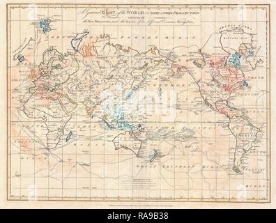 1799 Cruttwell Karte der Welt auf der Projektion von Mercator. Neuerfundene durch Gibon. Klassische Kunst mit einem modernen Touch neuerfundene Stockfoto