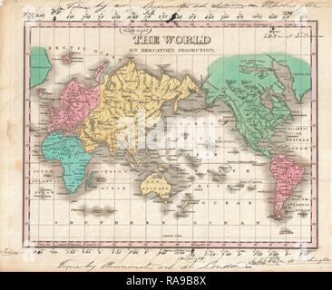 1827, Finley Karte der Welt auf der Projektion von Mercator, Anthony Finley mapmaker der Vereinigten Staaten im 19. Neuerfundene Stockfoto