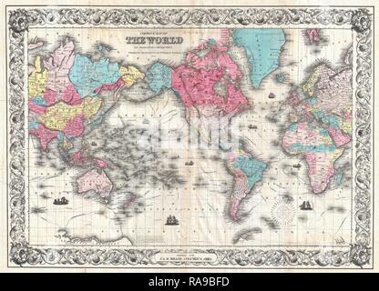 1852, Coltons Karte der Welt auf der Projektion von Mercator, Pocket Map. Neuerfundene durch Gibon. Klassische Kunst mit einem modernen Neuerfundene Stockfoto