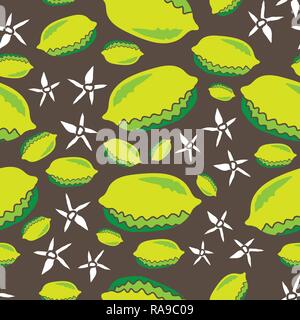 Zitronen und Flowers-Fruit Freude nahtlose Muster Abbildung wiederholen. Hintergrund in Gelb, Grün, Braun und Weiß. Filigrane Muster Hintergrund. Oberfläche pattern Design, perfekt für Gewebe, Scrapbook, Tapeten. Stock Vektor